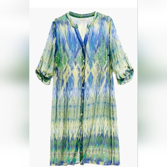 Chico's Sheer Ikat Breeze Duster Roll-tab Sleeve sz L/XL.  NWOT - Picture 3 of 6